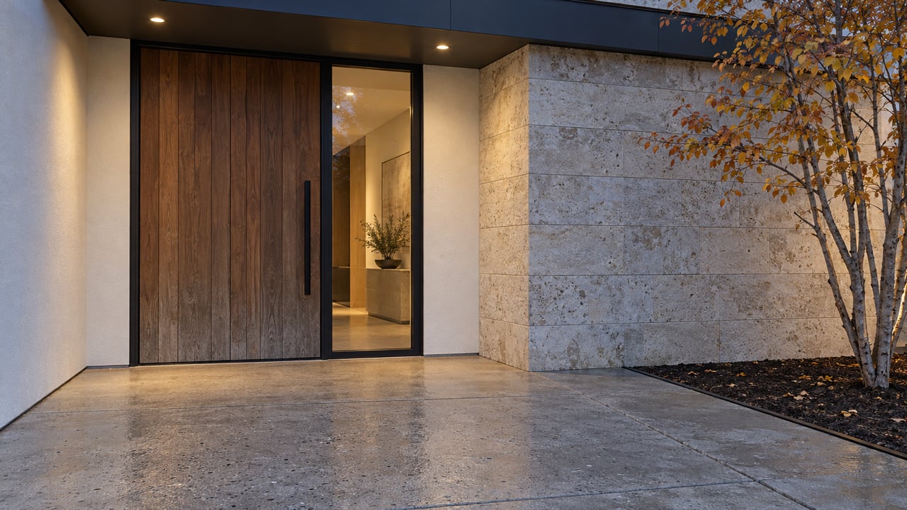 Blue-hour close view of a cedar entrance door, black-framed glass and pale limestone above a concrete terrace, with copper-yellow serviceberry leaves at the edge.