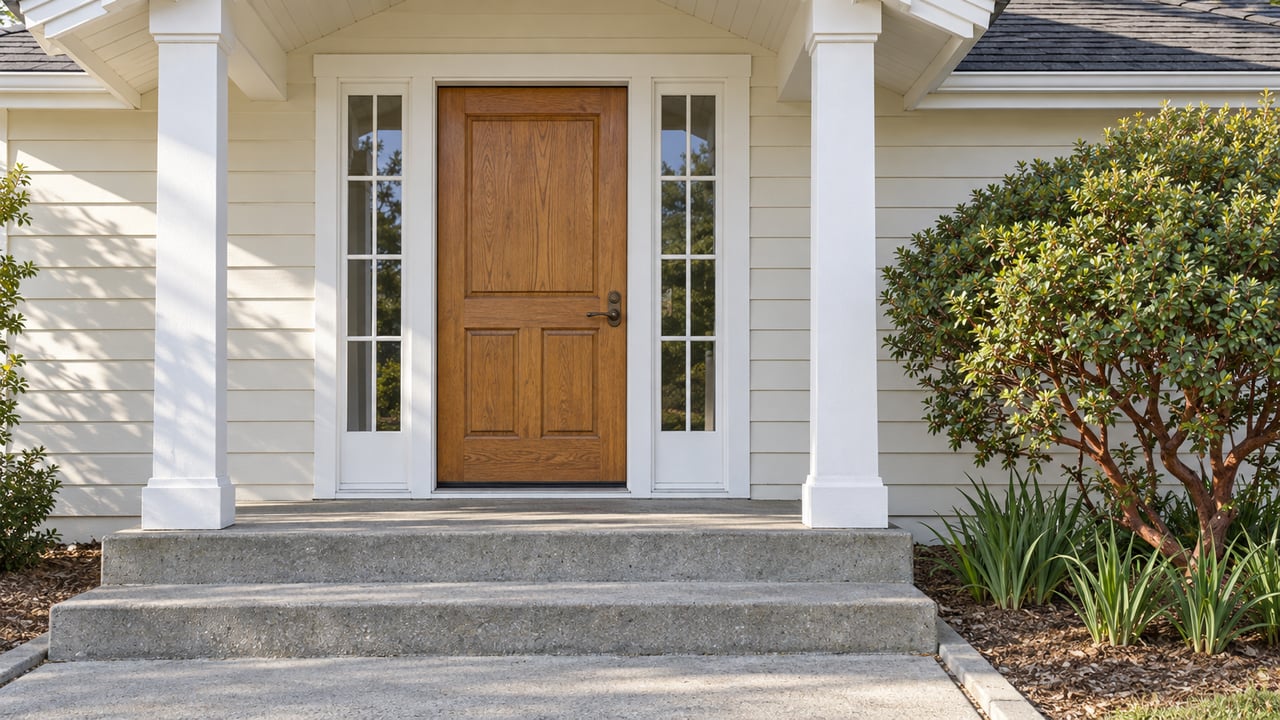 Cream-sided home with a timber front door, matching sidelights, concrete porch steps and a red-barked manzanita beside the entry.