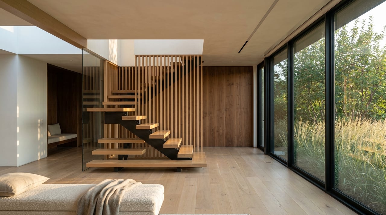 Floating oak staircase with a black steel stringer beside a slatted screen, sunlit against a walnut-paneled wall.