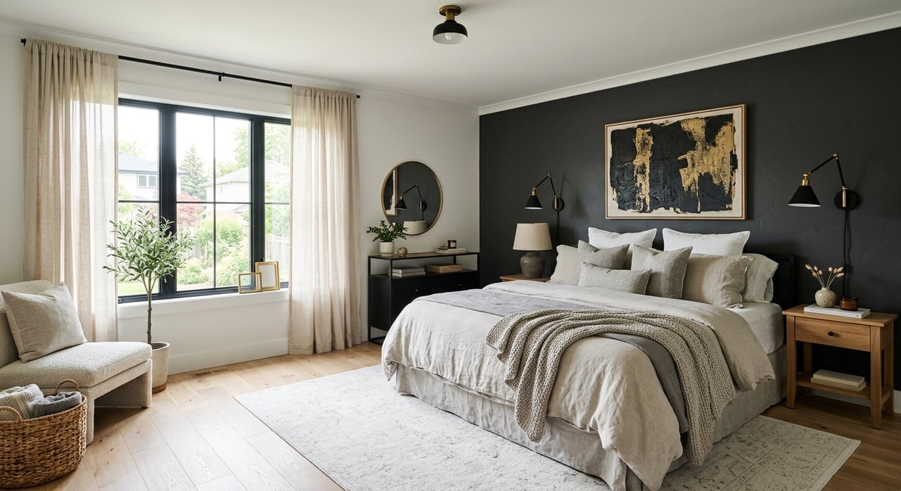 Bedroom with white bed against charcoal wall, brass sconces, sheer curtains, and potted plant.
