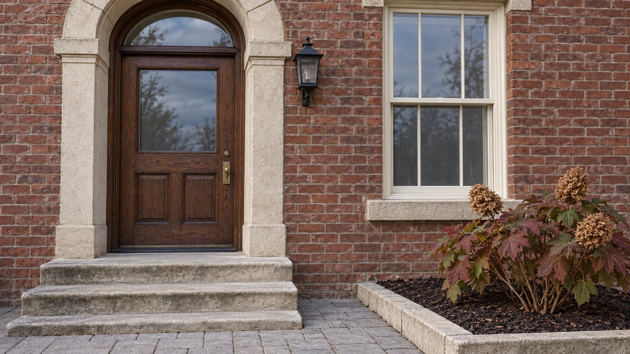Red-brick home entrance with a limestone arch, dark oak door, tall divided-light window, and worn stone steps beside an oakleaf hydrangea.
