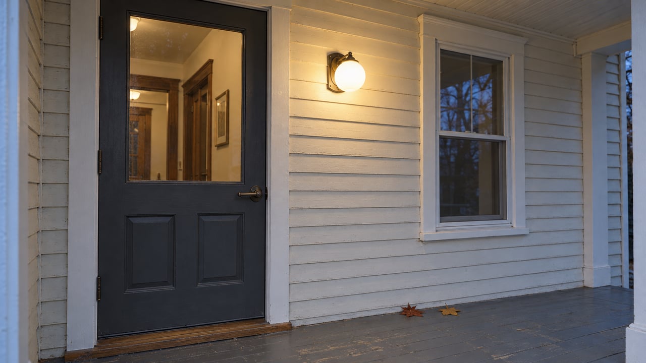 Blue-hour view of a covered home entry with cream wood siding, a charcoal glazed door, a warm wall light and weathered porch boards.