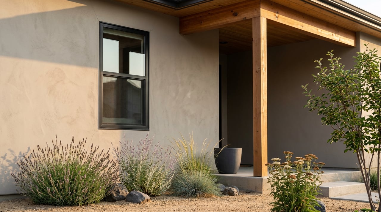 Stucco porch corner with a black-framed window, cedar post, and drought-tolerant plants in a gravel bed.