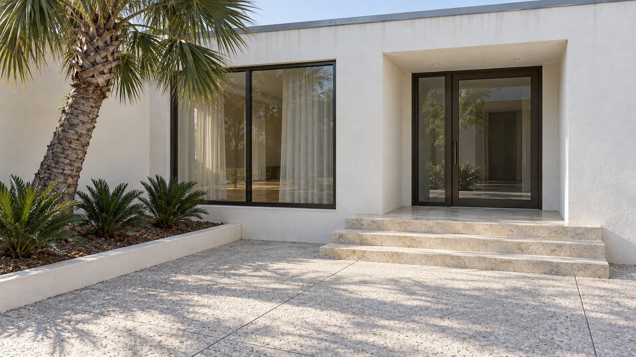 Sunlit white stucco home with bronze-framed glazing, a raised stone entry, shell-aggregate paving, and one curved palm.