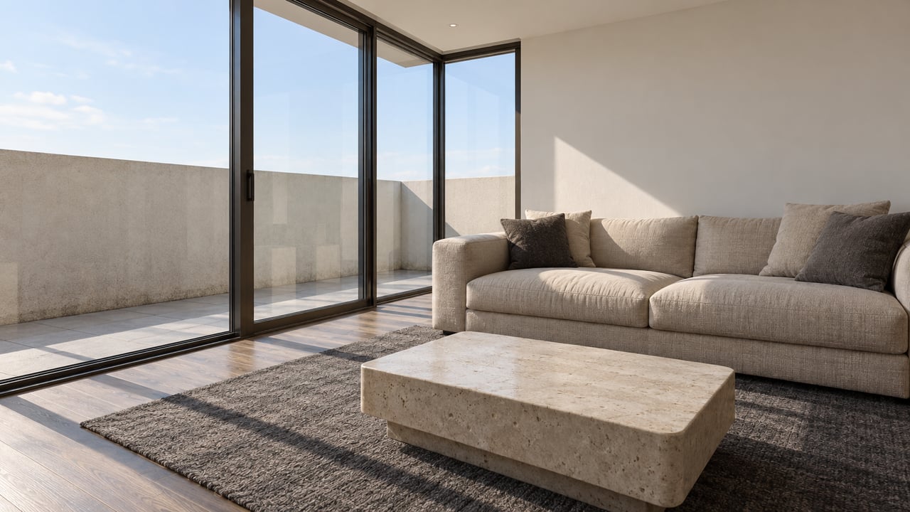 Sunlit condominium living room with a linen sofa, limestone coffee table, oak flooring and bronze-framed balcony glazing.