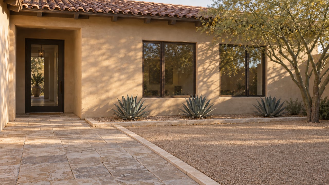 Limestone courtyard walkway edged by a narrow raised curb beside decomposed granite, with agaves and a stucco house.