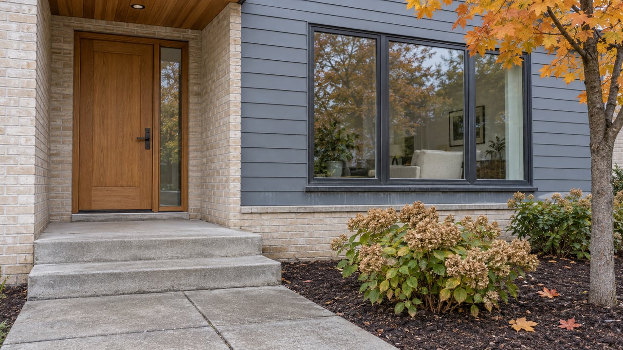 A contemporary home's sheltered oak entry, pale brick steps and broad window beside orange maple leaves and dried hydrangea blooms.