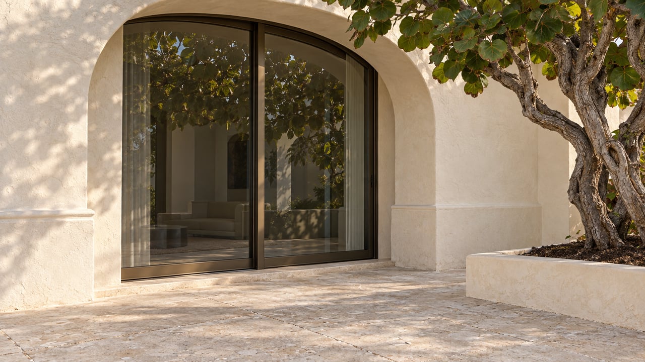 Cream stucco loggia arch frames a closed bronze-framed glass door beside a sea-grape tree.