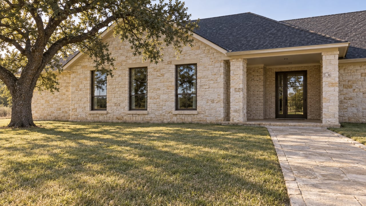 Limestone ranch home with charcoal gables and a covered porch beyond a broad muted-green lawn, shaded by one mature oak.