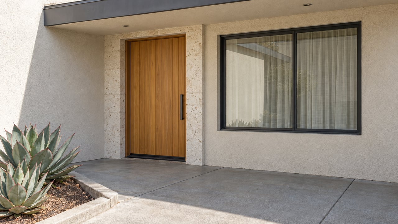 Sunlit stucco entry with a wood door, shaded window, pale stone jamb and two blue-green aloes beside a concrete landing.