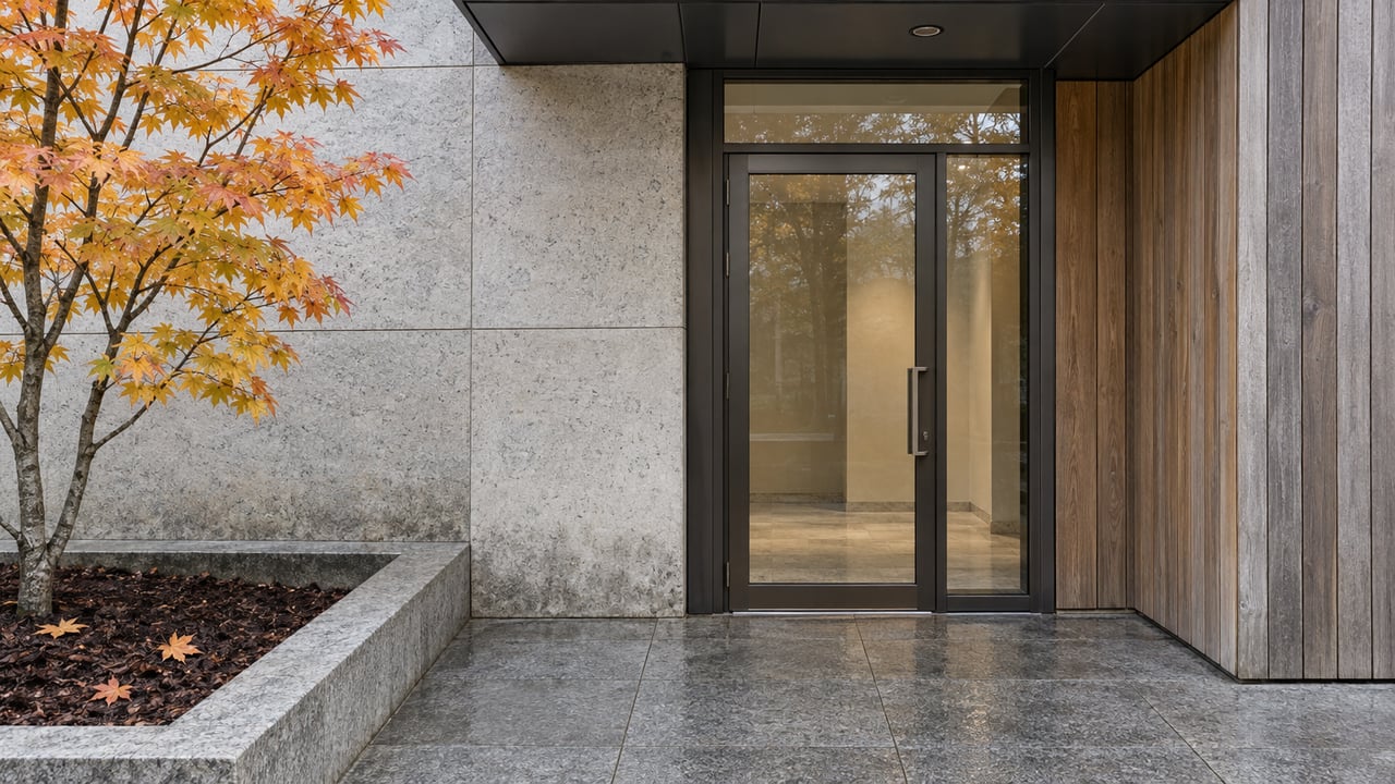 A recessed condominium entrance with bronze-framed glass, pale limestone, weathered cedar and a yellow-orange vine maple beside a rain-darkened stone landing.