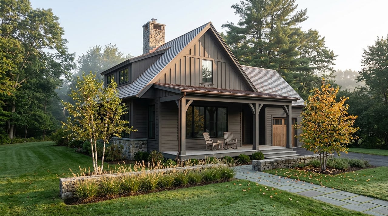 Dark-sided wooded-lot house with a stone chimney, timber porch, recessed garage, and birch trees beside a broad lawn.