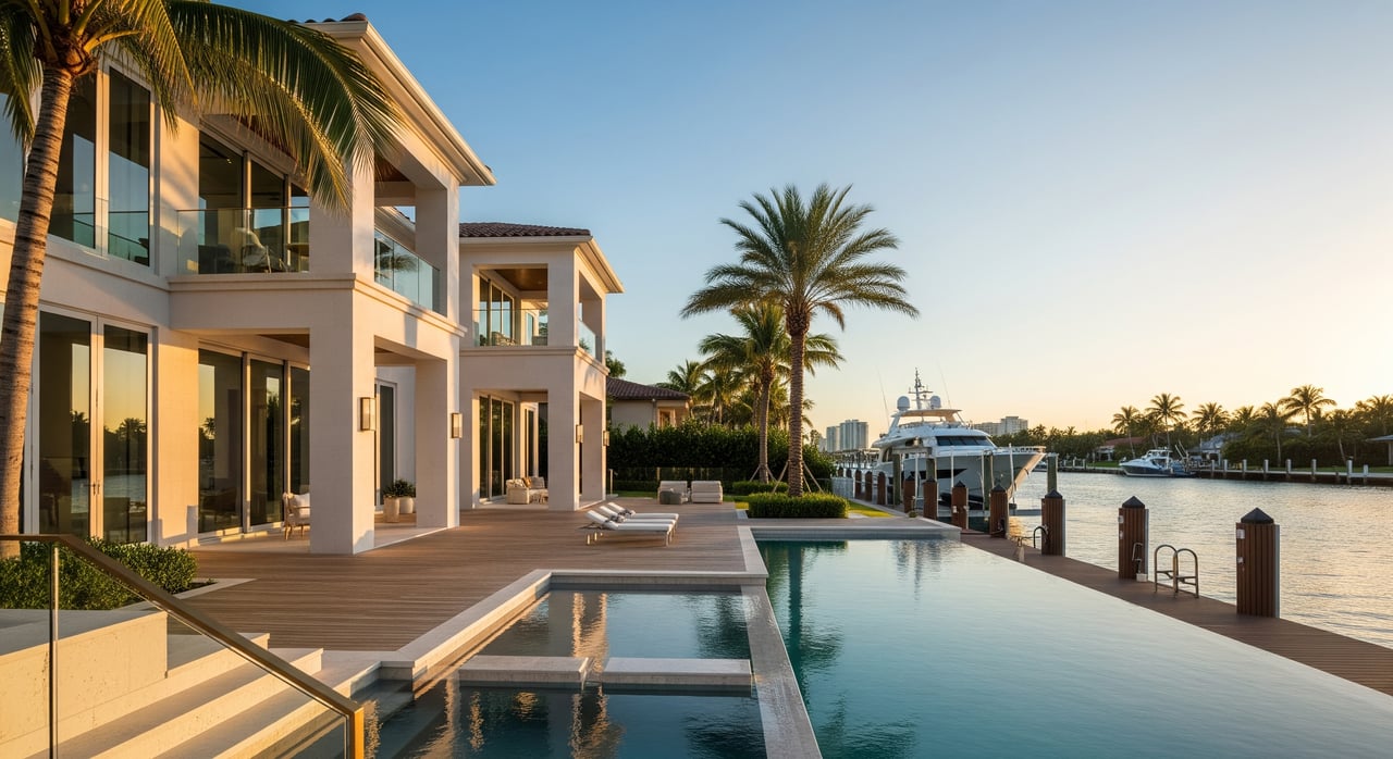 Modern waterfront villas with palm trees, stepped swimming pools, and a yacht at the dock.