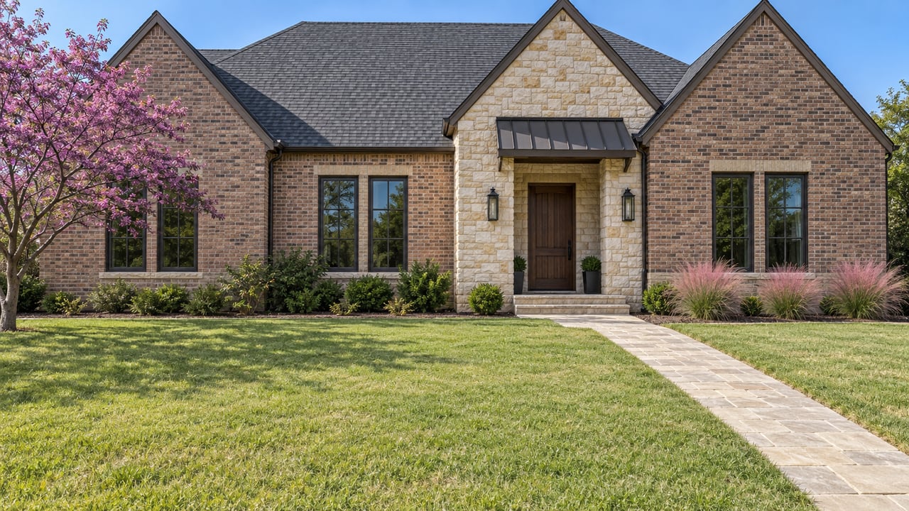 Suburban house with russet brick wings, a pale limestone entry bay, charcoal gables, and a broad front lawn.