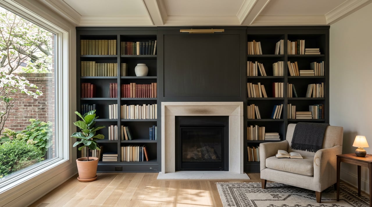 Charcoal built-in bookcases surround a limestone fireplace beside a linen reading chair and walnut table.