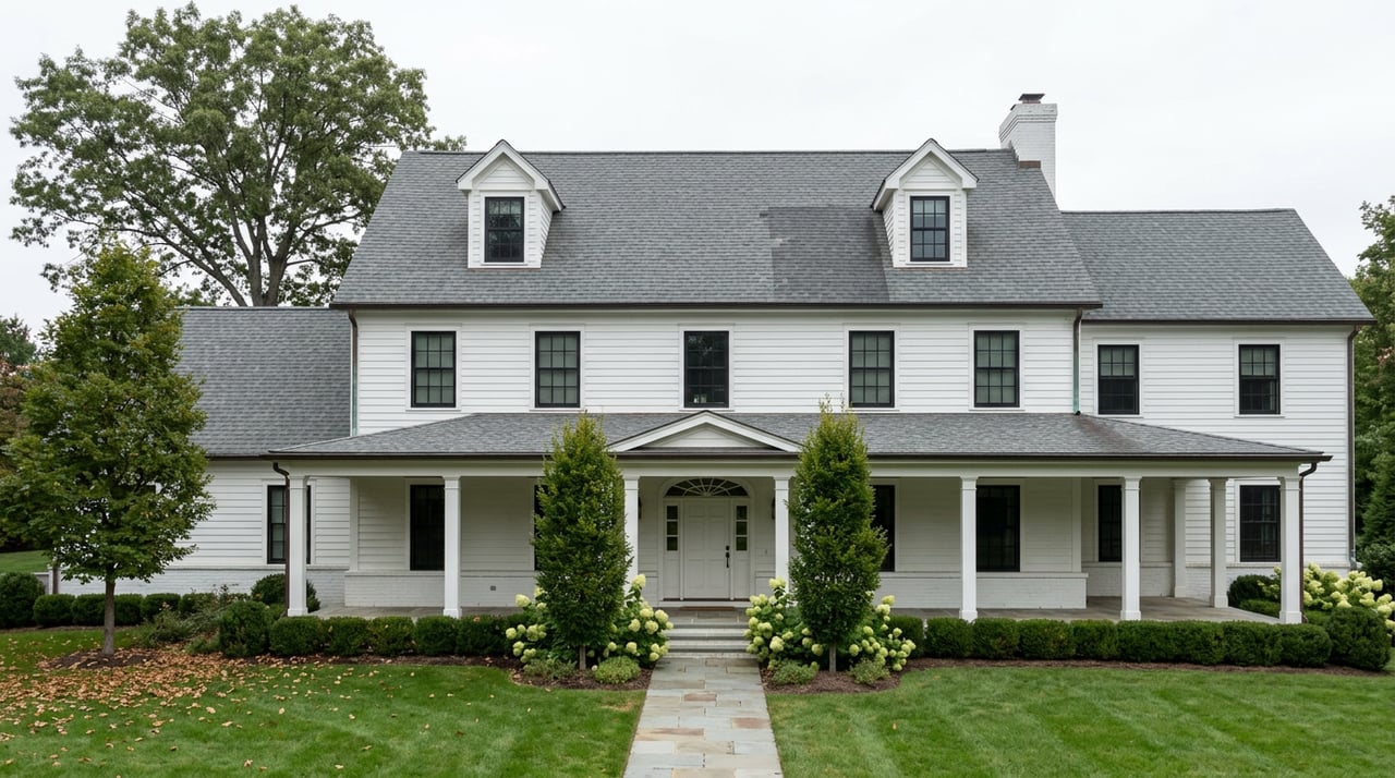 White two-story estate home with a covered porch, front gables, and a broad lawn lined by clipped hedges.