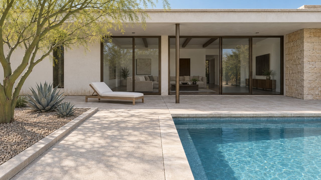 A low white-stucco home with bronze-framed glass opens onto a pale concrete pool patio with a sculptural blue palo verde and two agaves.