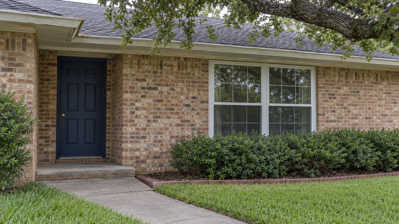 Brick ranch entry with a recessed navy door, broad white-framed window, concrete walk, and mature oak limb overhead.