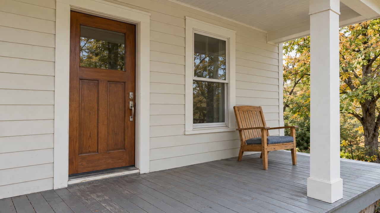Covered porch with cream wood siding, a brown glazed entry door, gray decking and a wooden chair beside a window; autumn maple leaves appear at the edge.