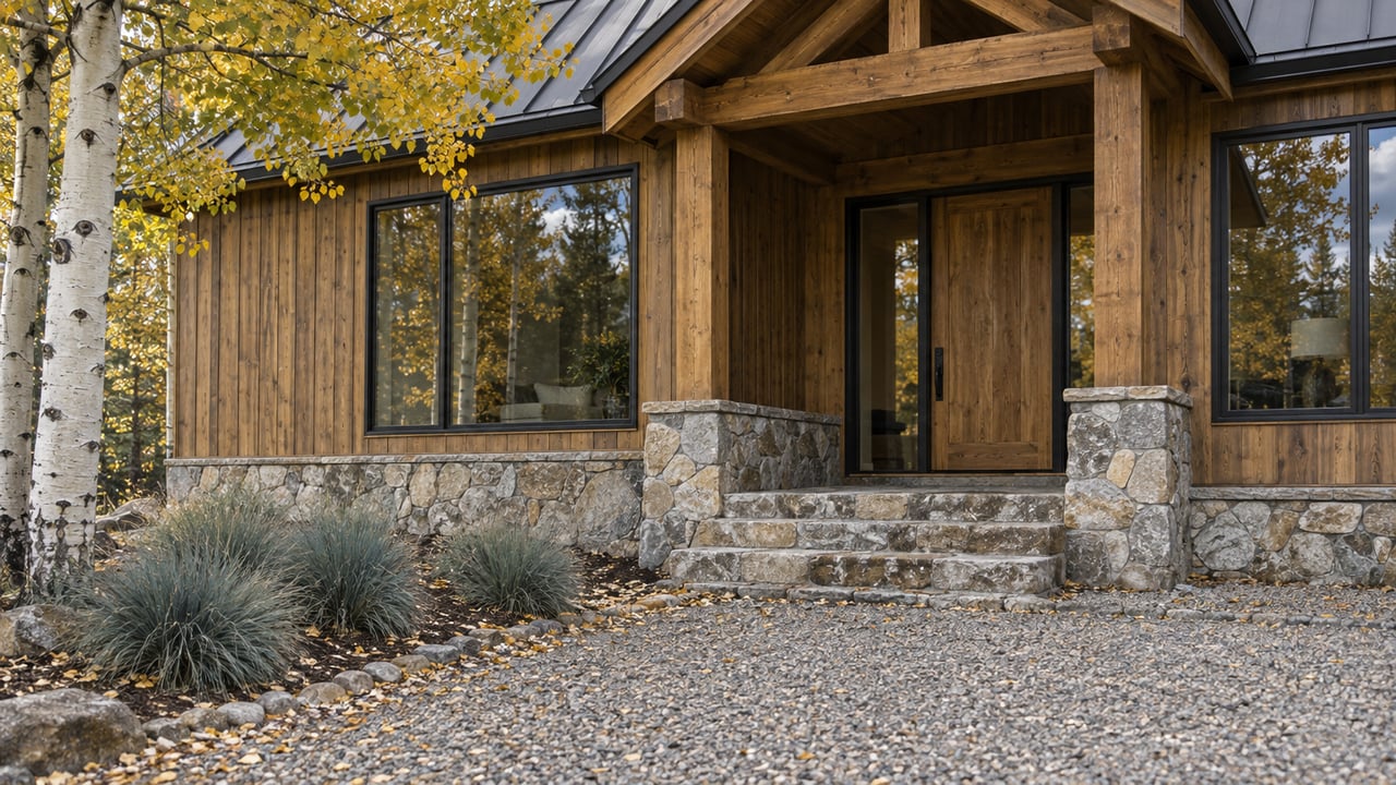 Rural home entry with honey-brown timber siding, stone steps, gravel approach, and yellowing aspen leaves.