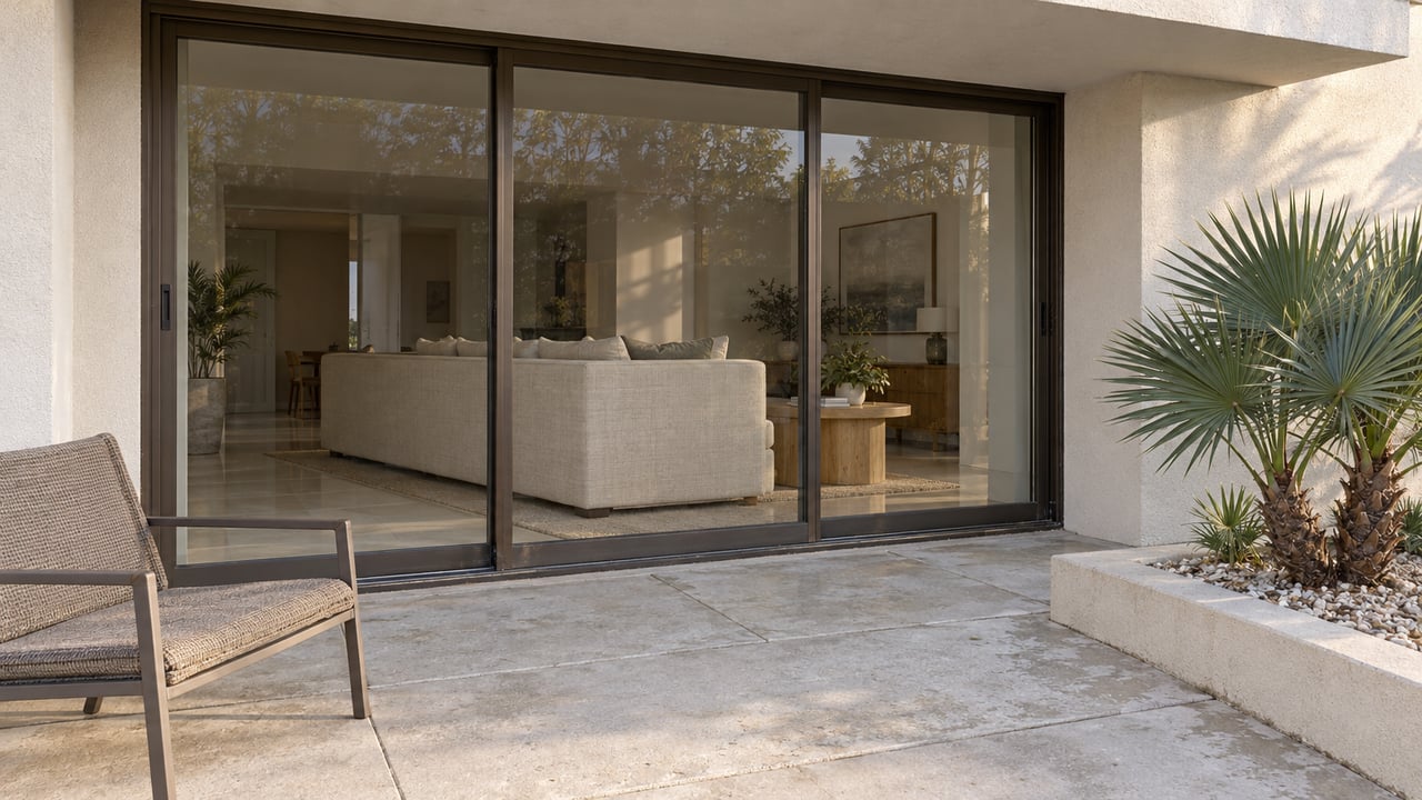 An upscale condominium terrace with pale concrete paving, bronze-framed closed glass doors and a silver-green saw palmetto in a raised planter.