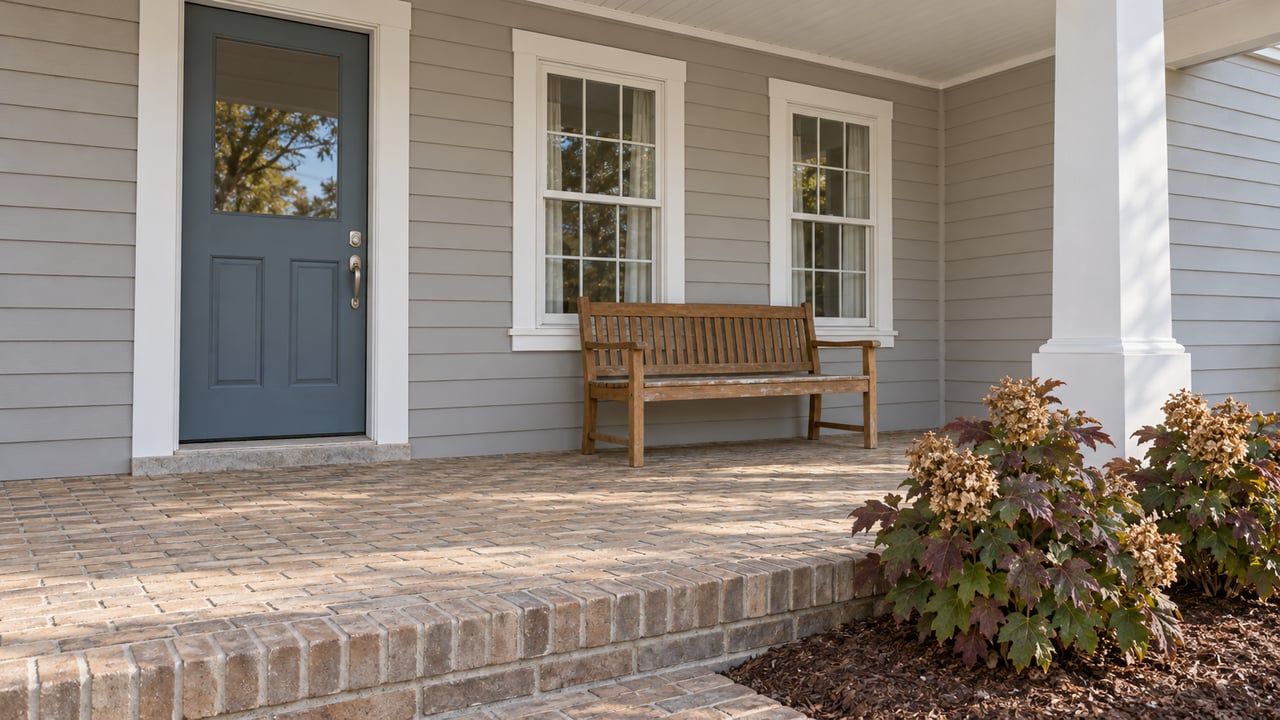 Covered porch with gray clapboard siding, a slate-blue front door, paired white-trimmed windows, an oak bench and brick paving beside oakleaf hydrangeas.