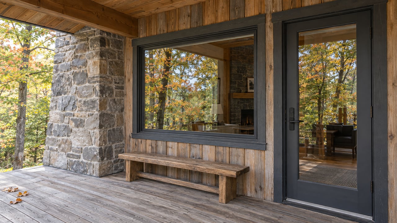 Weathered cedar cabin porch with a closed glazed entry, sandstone chimney pier and oak bench in soft autumn daylight.
