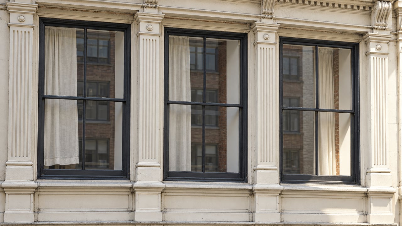 Three tall black-framed loft windows set in a warm ivory cast-iron facade, with linen curtains behind closed glass.