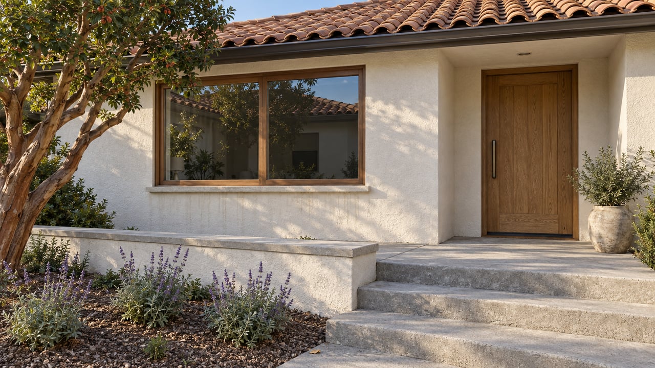 Light stucco home with clay roof tiles, a recessed oak entry, and concrete steps beside a planted retaining wall.
