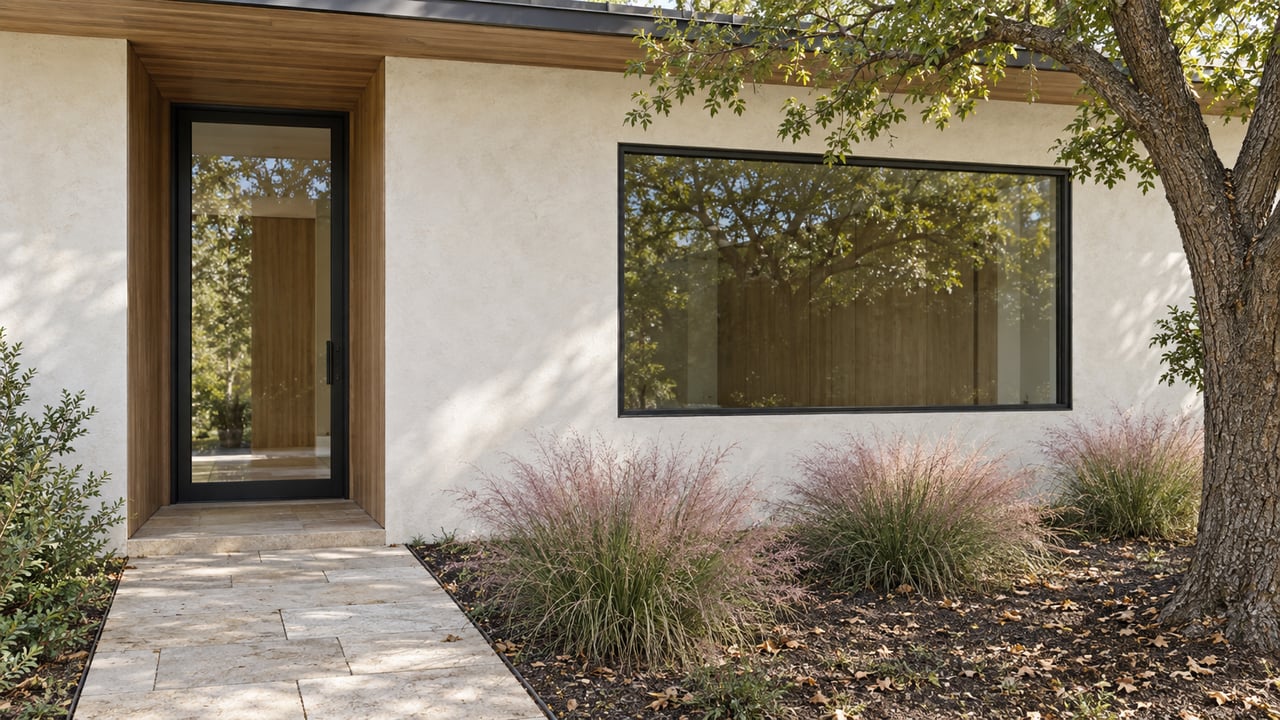Warm-white infill home with a recessed glass entry, black-framed picture window, limestone path, and oak tree.