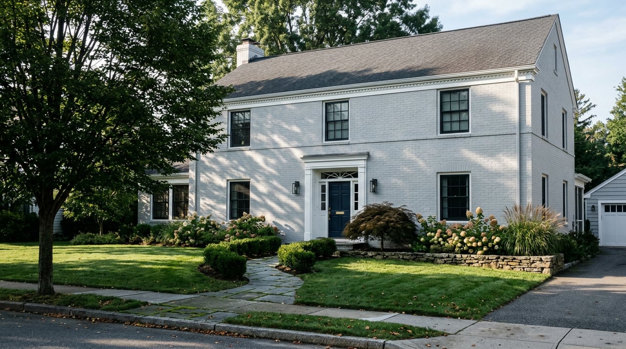 Gray-brick suburban home with a gabled roof, deep lawn, curved stone walk, and mature trees and shrubs.