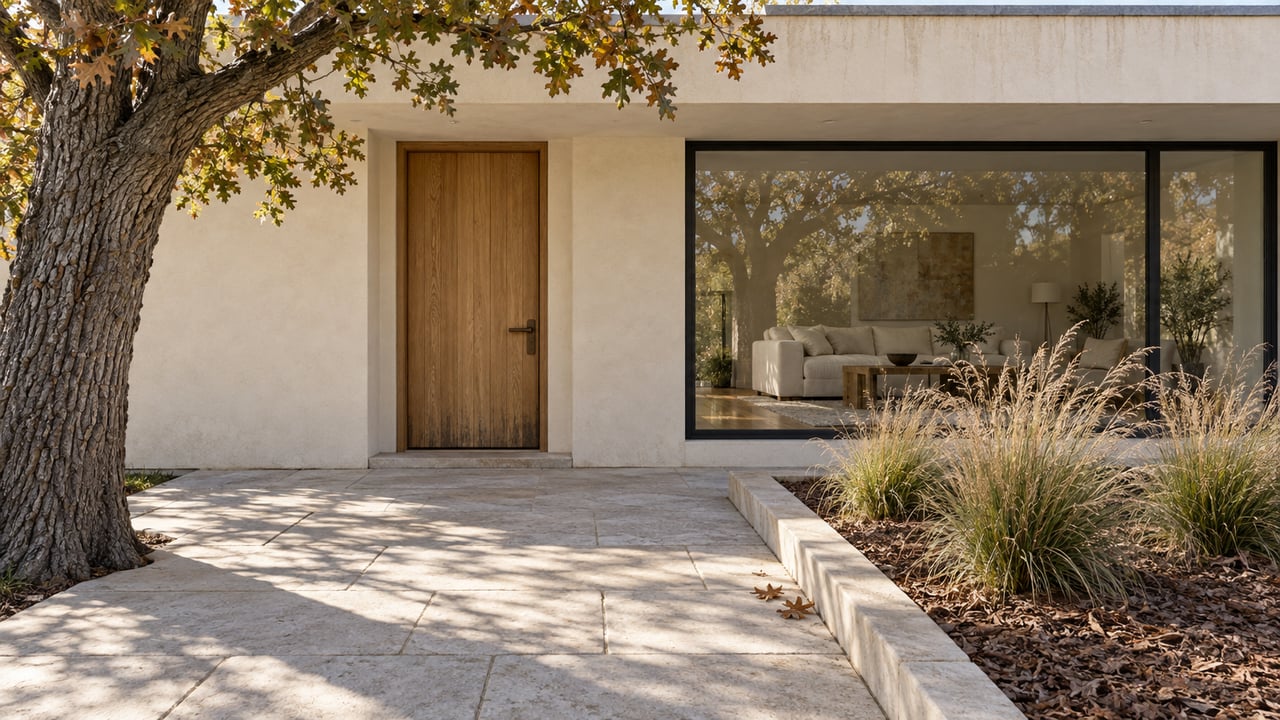 Warm plaster home with an oak entry door, black-framed window, limestone approach and mature oak beside a planted garden bed.
