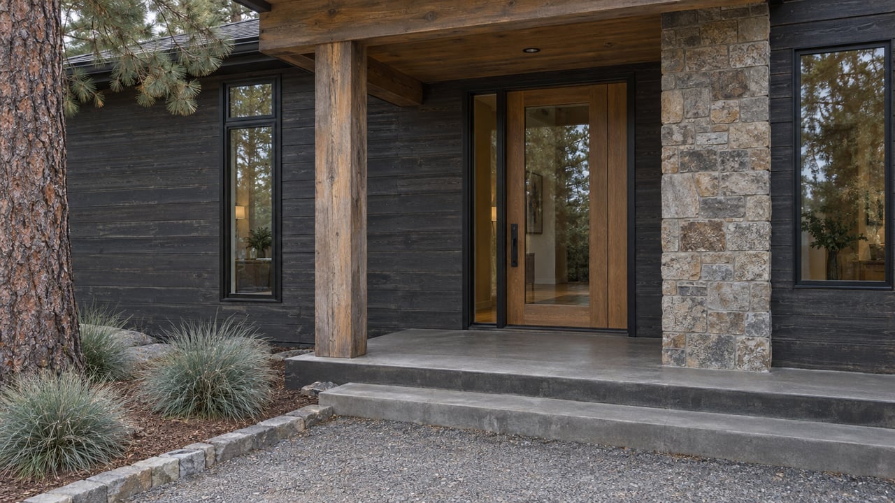 Recessed glass-and-timber entry beneath a broad eave, framed by charcoal siding, a stone pier, and concrete steps.