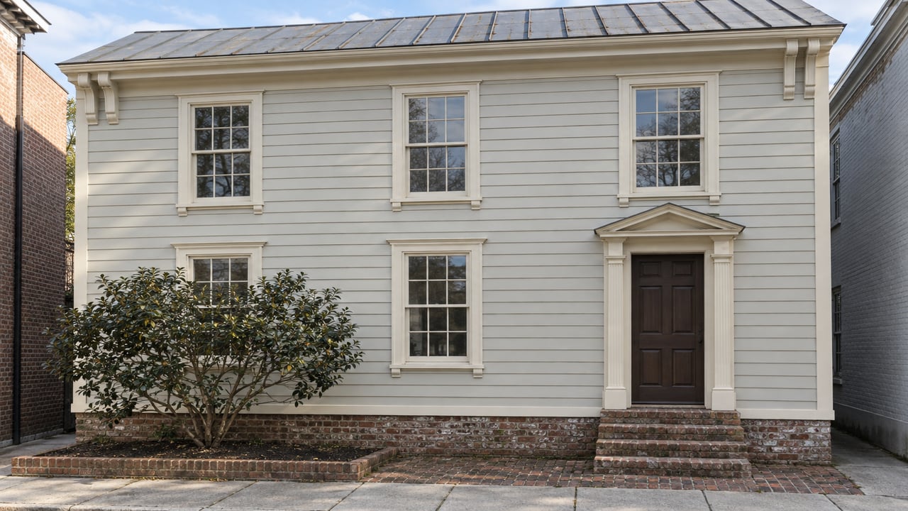 An oyster-painted timber home with sash windows, a brick stoop and one glossy-leaved camellia beside the entry.