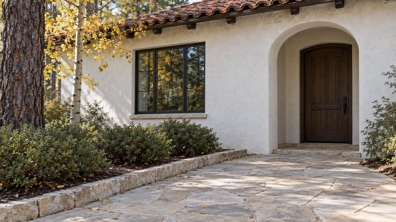 White stucco house with an arched oak entry, limestone path, and yellowing aspen beside a pine.