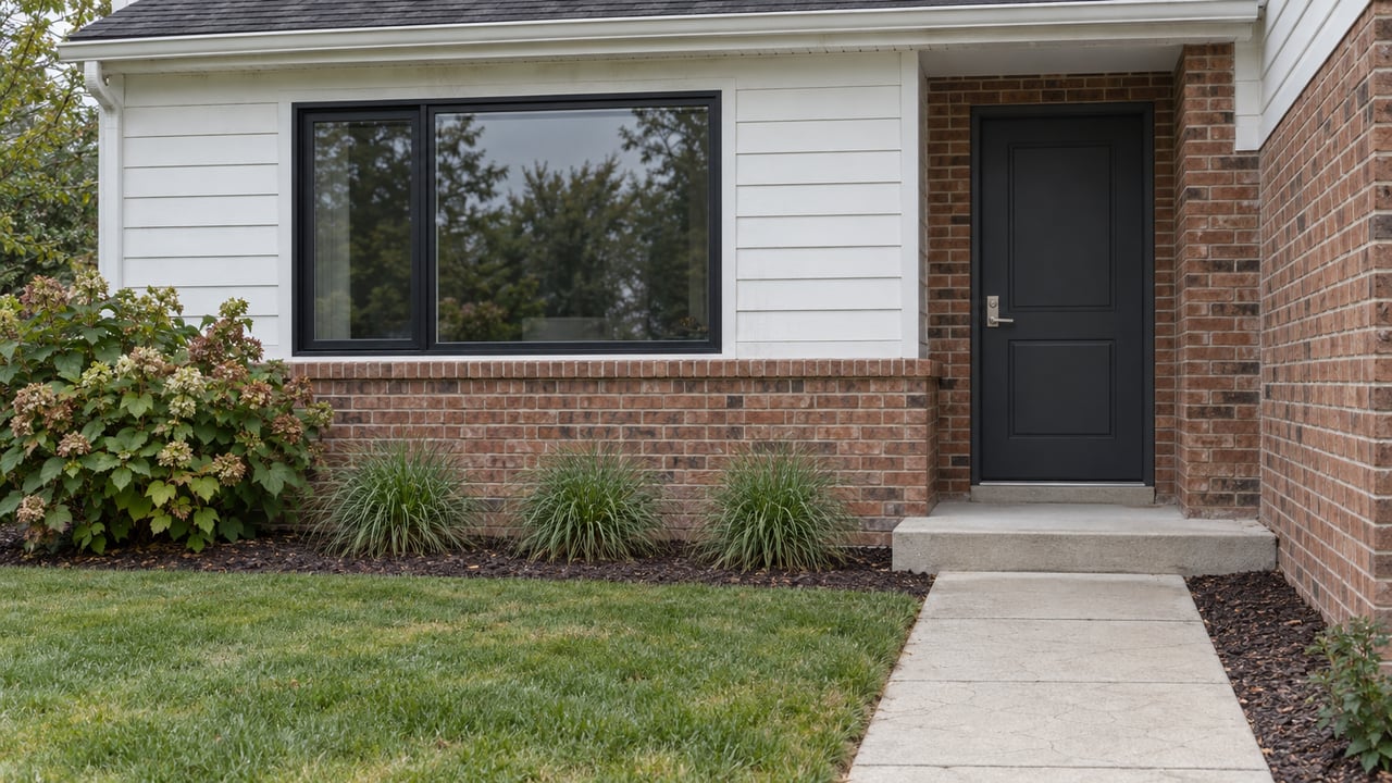 Attached home with red-brown brick, white siding, a dark front door, and a short concrete walk beside shrubs.