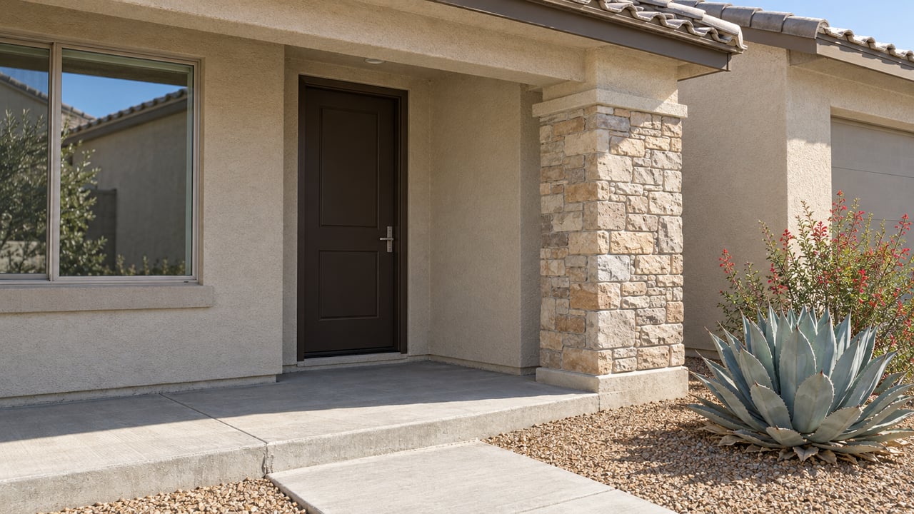 Sunlit sand-colored stucco home entry with a closed dark door, buff stone porch pier, and blue-gray agave beside a concrete step.