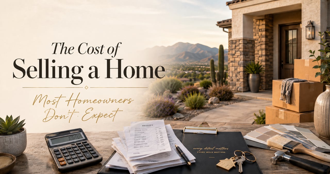 Selling a home costs guide with Arizona home, moving boxes, calculator, and paperwork