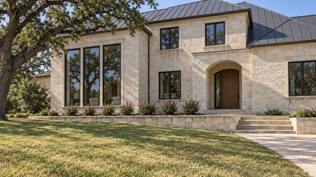 Limestone home with dark metal roof and tall steel-framed windows beyond a deep lawn, shaded on one side by a mature live oak.