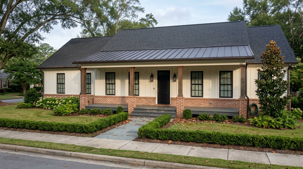 Traditional white house with a deep porch, brick piers, clipped hedge, and oak branches framing the roof.