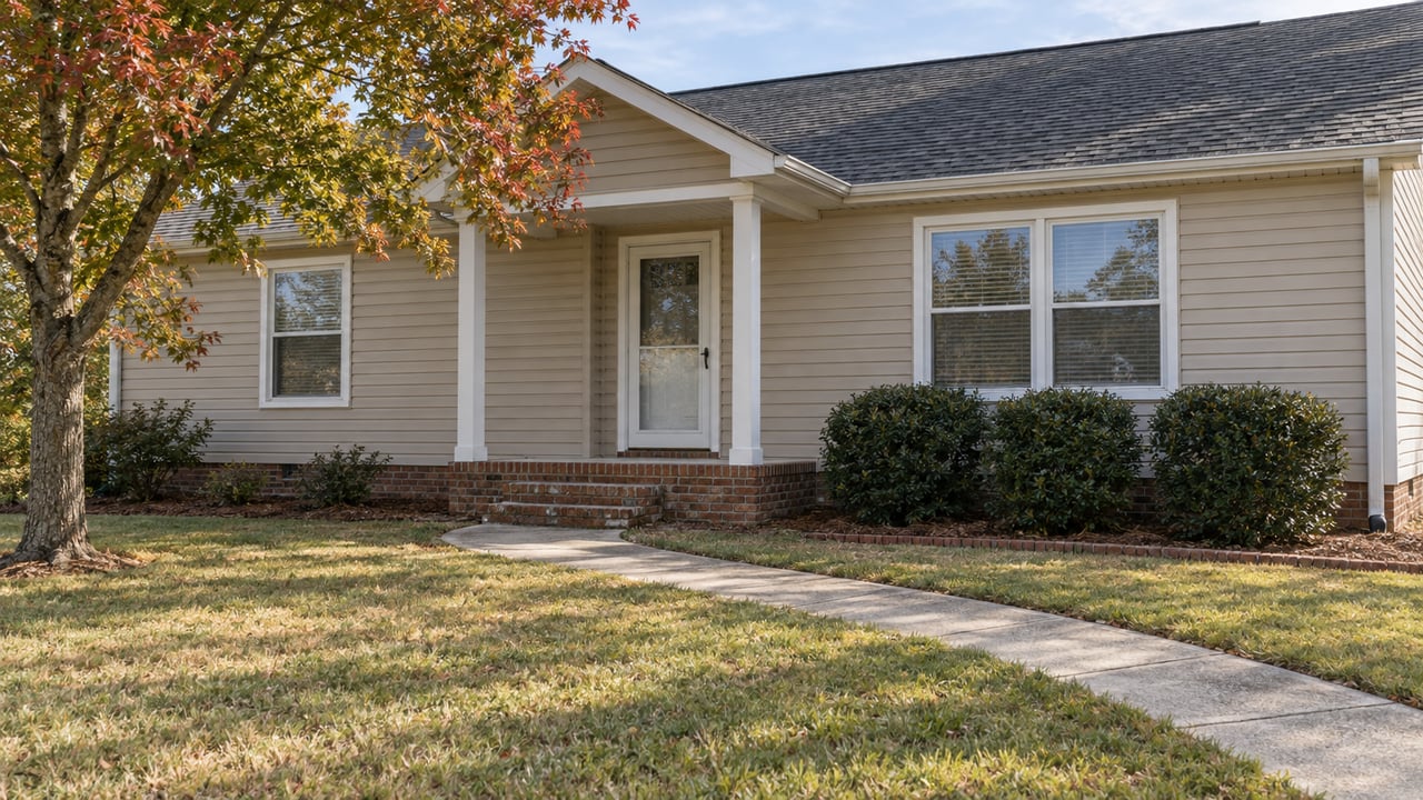 A beige single-story home with white trim, a brick entry, and a broad autumn lawn beneath a red maple.