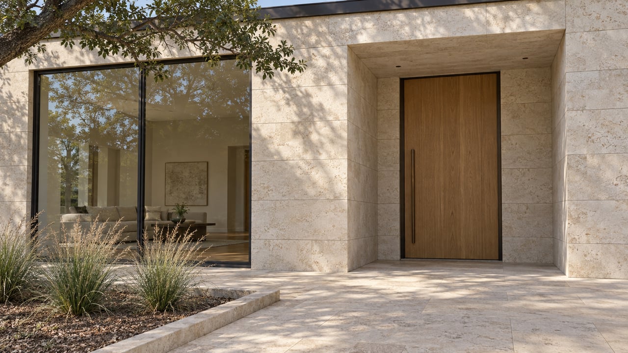 Contemporary home entrance with pale limestone walls, a warm oak door, black-framed glazing and silver-green grasses beside a stone landing.