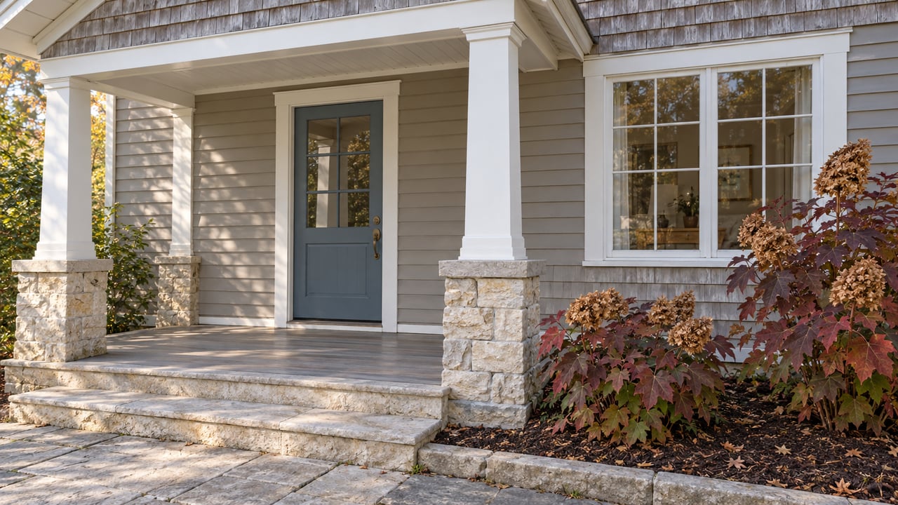 Autumn sunlight crosses a cedar-shingled cottage porch with a blue glazed door, limestone steps and burgundy oakleaf hydrangeas.