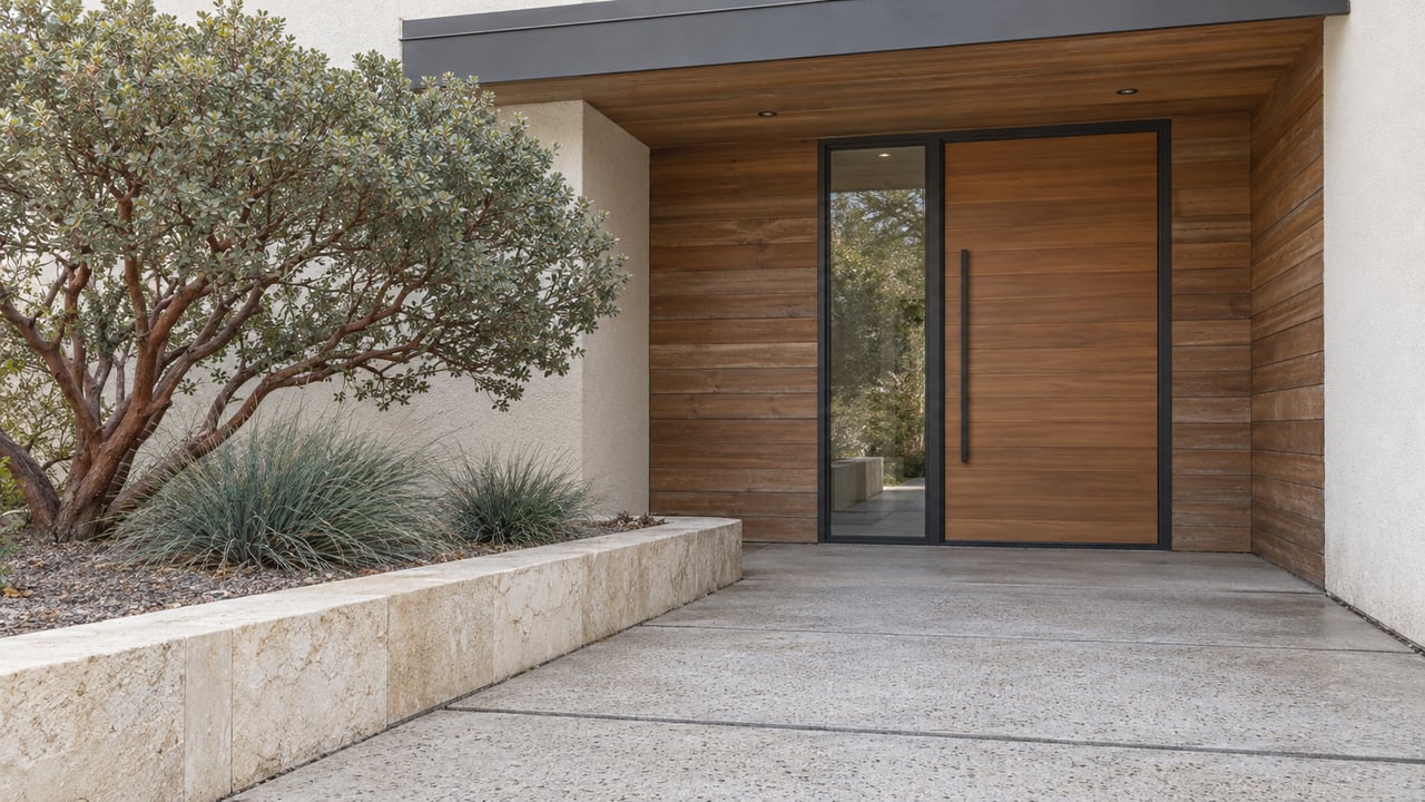 A recessed cedar entry beneath a low overhang, with pale paving and a red-barked manzanita in a raised limestone planter.
