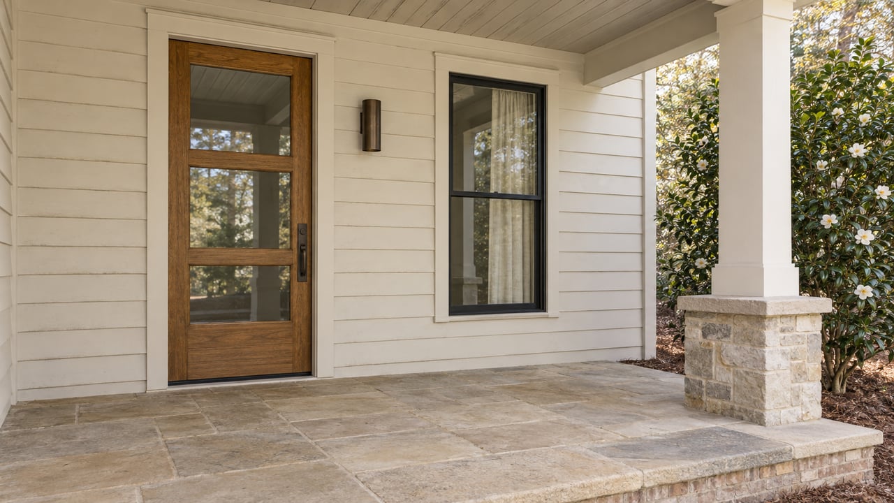 White lap-sided home with an oak-and-glass entry door, black-framed window, limestone porch and white-flowering camellia.