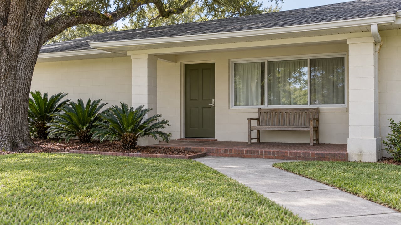 Ivory single-story home with a sheltered brick porch, olive entry door, cypress bench and mature live oak beside a broad lawn.