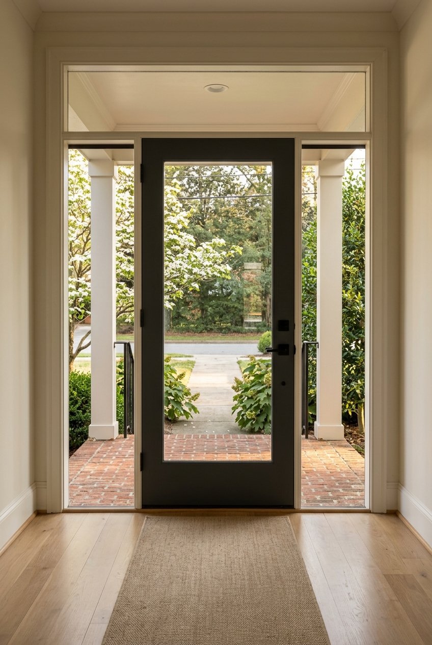 Black-framed glass front door opens to a brick porch, leafy shrubs, and a tree-lined street.