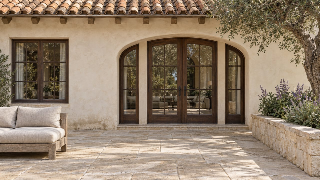 Stone patio with arched wood doors, terracotta roof, cushioned sofa, and flowering planter.
