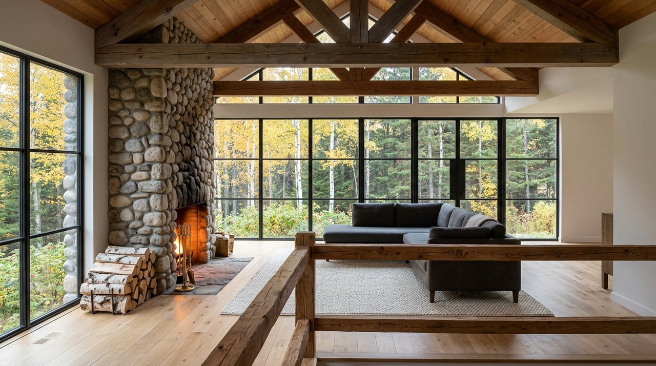 Double-height timber great room with a stone fireplace, forest-facing windows, and a charcoal sectional.