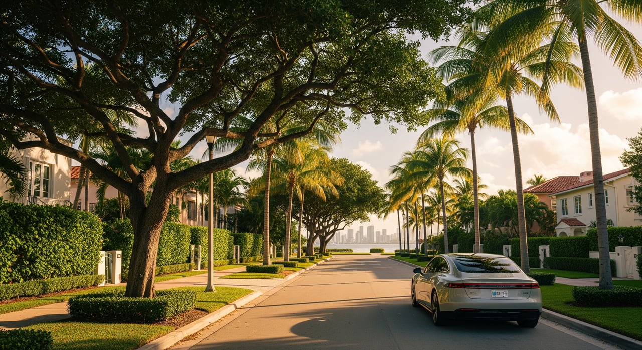 Residential street lined with palms and shade trees, with a gray sedan parked curbside.